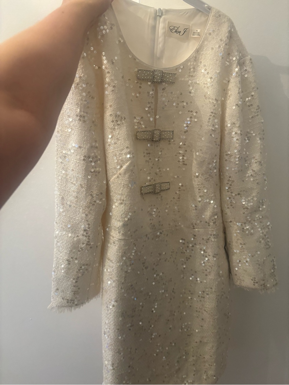Eliza J Cream Sequin Dress with Rhinestone Bows